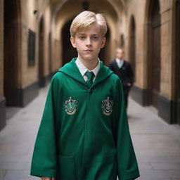 A cool blonde boy with striking green eyes, proudly wearing his Slytherin robes while walking through the Hogwarts corridors