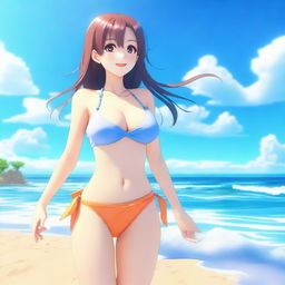 A 3D-rendered anime girl at the beach wearing a bikini, enjoying the sunny weather and the waves