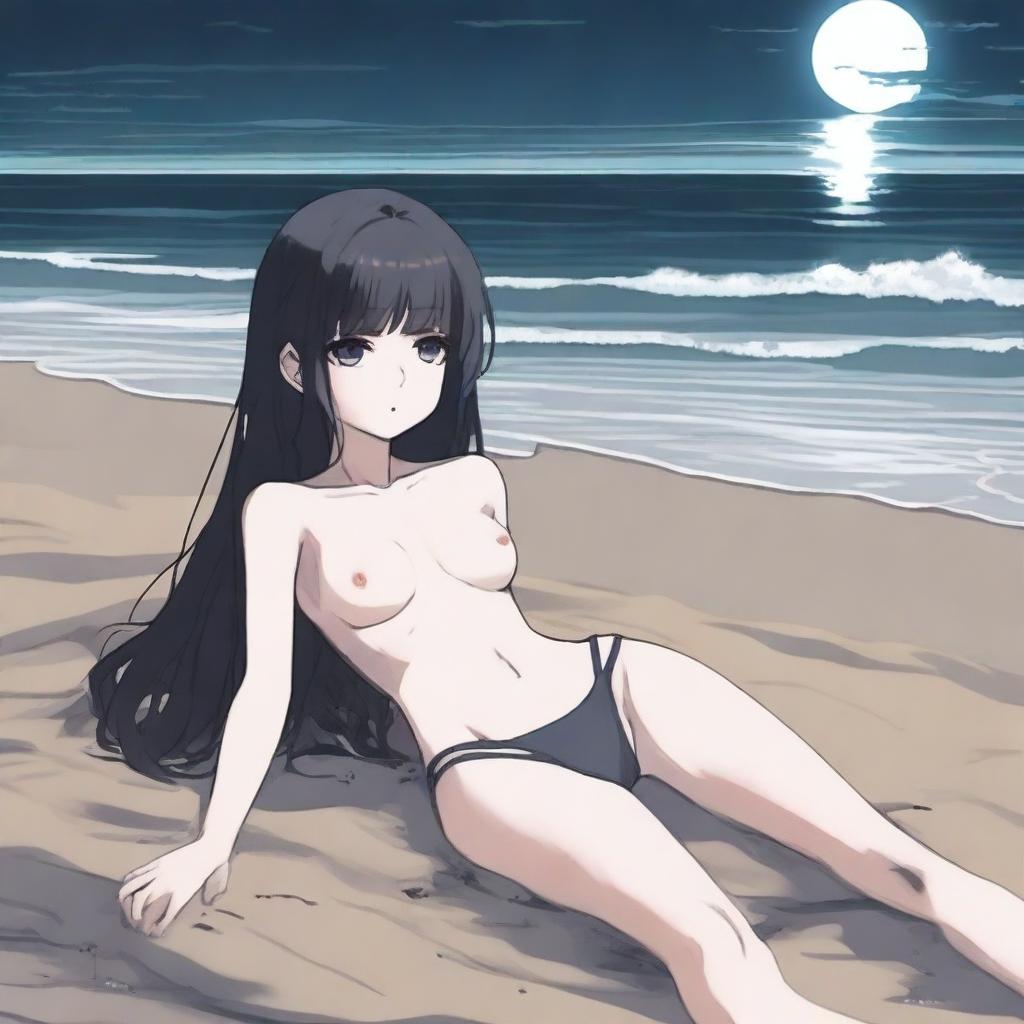 An ambient dark beach with a dead state anime girl lying on the sand, wearing a Y2K style bikini