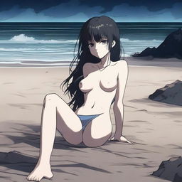 An ambient dark beach with a dead state anime girl lying on the sand, wearing a Y2K style bikini