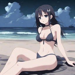 An ambient dark beach with a dead state anime girl lying on the sand, wearing a Y2K style bikini