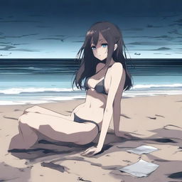 An ambient dark beach with a dead state anime girl lying on the sand, wearing a Y2K style bikini