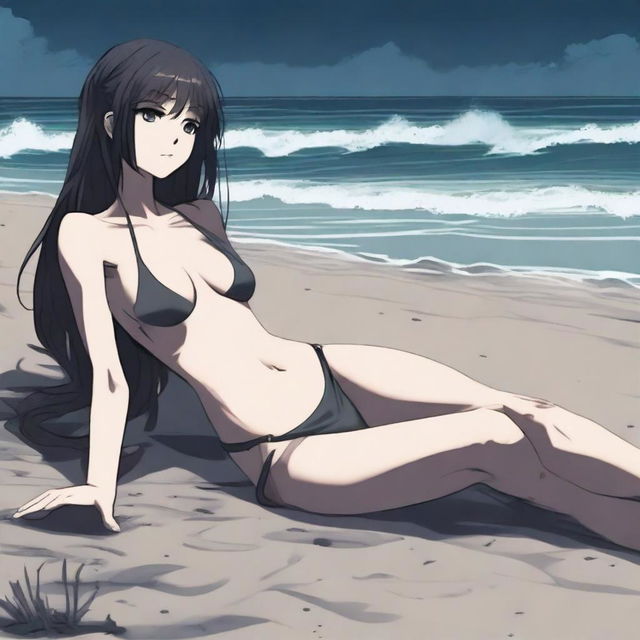 An ambient dark beach scene with a lifeless anime girl lying on the sand, dressed in a Y2K style bikini