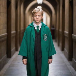 A cool blonde boy with striking green eyes, proudly wearing his Slytherin robes while walking through the Hogwarts corridors