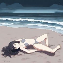 An ambient dark beach scene with a lifeless anime girl lying on the sand, dressed in a Y2K style bikini