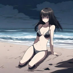 An ambient dark beach scene with a lifeless anime girl lying on the sand, dressed in a Y2K style bikini