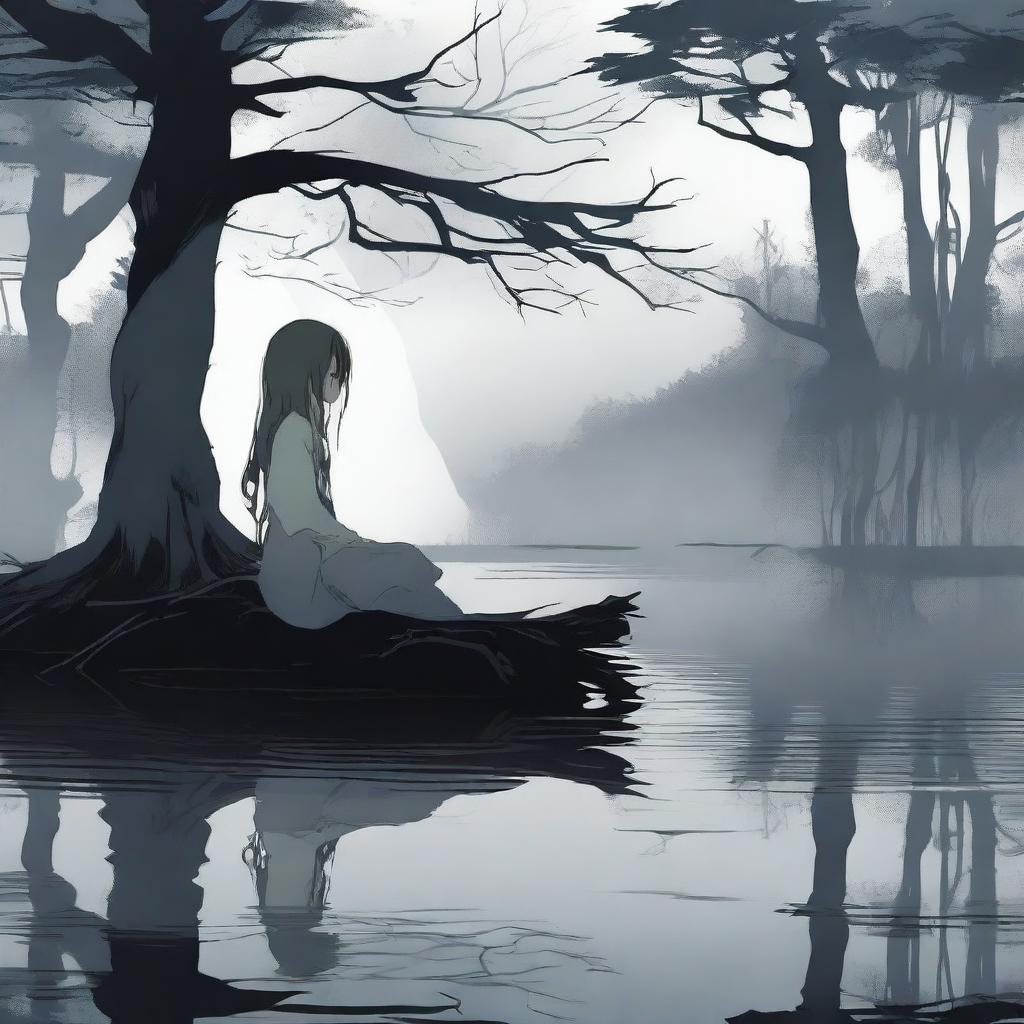 An eerie dark forest with an earthy, dead-looking anime girl sitting by a quiet, still lake