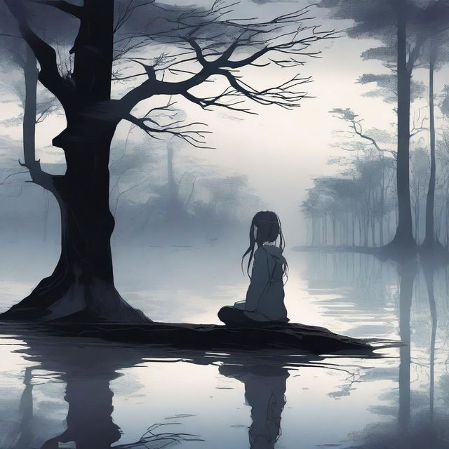 An eerie dark forest with an earthy, dead-looking anime girl sitting by a quiet, still lake