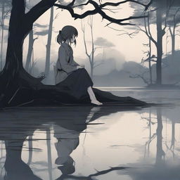 An eerie dark forest with an earthy, dead-looking anime girl sitting by a quiet, still lake