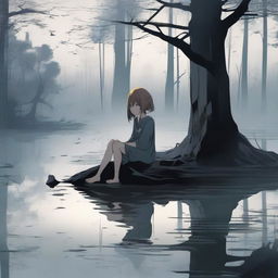 An eerie dark forest with an earthy, dead-looking anime girl sitting by a quiet, still lake