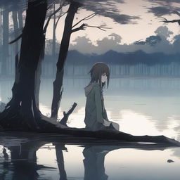 A dark forest with an earthy, dead-looking anime girl sitting by a tranquil lake