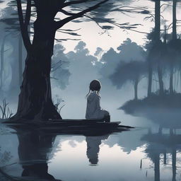 A dark forest with an earthy, dead-looking anime girl sitting by a tranquil lake