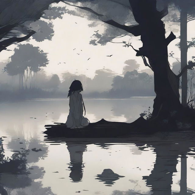 A dark forest with an earthy, dead-looking anime girl sitting by a tranquil lake