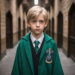 A cool blonde boy with striking green eyes, proudly wearing his Slytherin robes while walking through the Hogwarts corridors