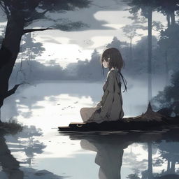 A dark forest with an earthy, dead-looking anime girl sitting by a tranquil lake