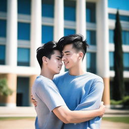 Two male students hugging in front of a college building