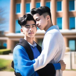 Two male students hugging in front of a college building