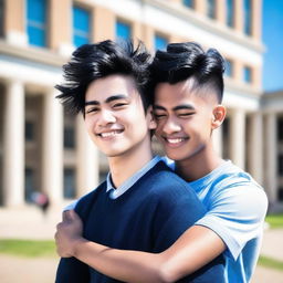 Two male students hugging in front of a college building