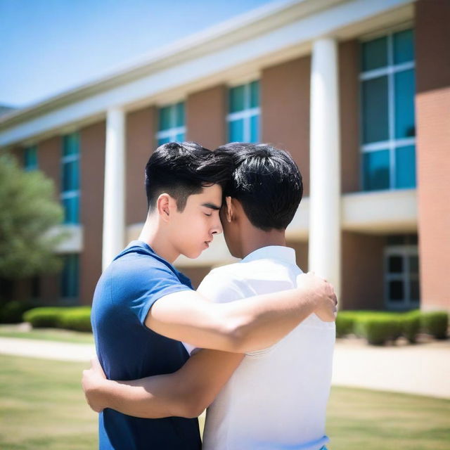 Two male students hugging in front of a college building