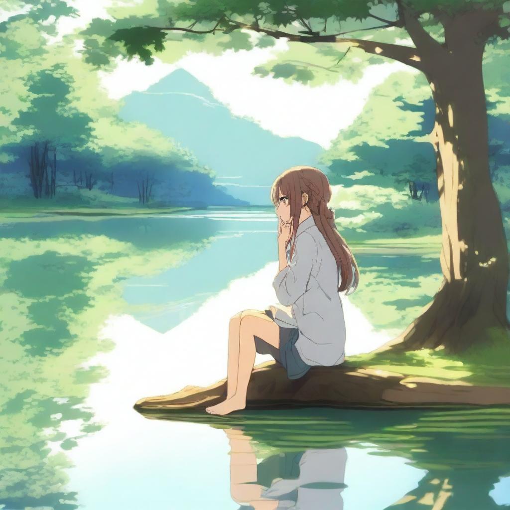 A serene forest with an earthy-looking anime girl sitting by a tranquil lake