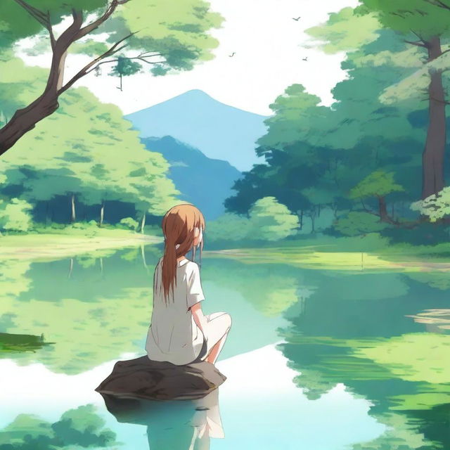 A serene forest with an earthy-looking anime girl sitting by a tranquil lake