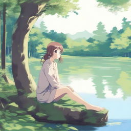 A serene forest with an earthy-looking anime girl sitting by a tranquil lake