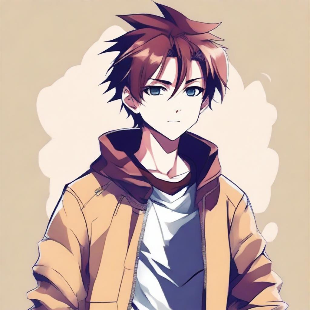 Create an image of an anime boy with expressive eyes, stylish hair, and a cheerful demeanor