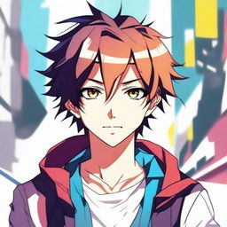 Create an image of an anime boy with expressive eyes, stylish hair, and a cheerful demeanor