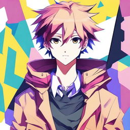 Create an image of an anime boy with expressive eyes, stylish hair, and a cheerful demeanor