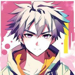 Create an image of an anime boy with expressive eyes, stylish hair, and a cheerful demeanor