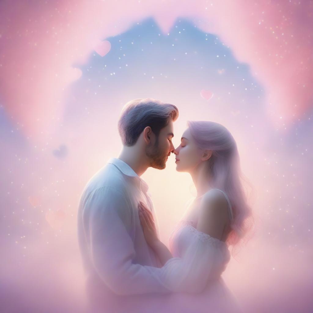 A beautiful and serene dreamscape featuring a couple in love, surrounded by ethereal light and floating hearts