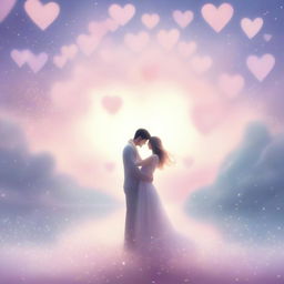 A beautiful and serene dreamscape featuring a couple in love, surrounded by ethereal light and floating hearts