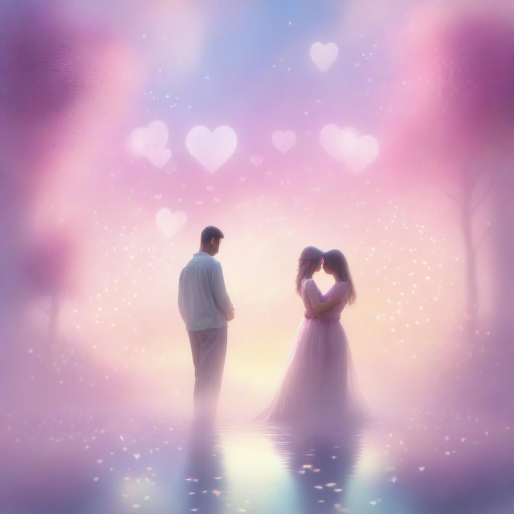 A beautiful and serene dreamscape featuring a couple in love, surrounded by ethereal light and floating hearts