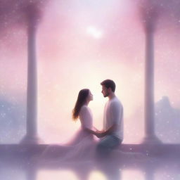 A beautiful and serene dreamscape featuring a couple in love, surrounded by ethereal light and floating hearts