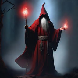 An evil wizard wearing a red tunic that covers his face, holding a staff