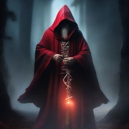 An evil wizard wearing a red tunic that covers his face, holding a staff