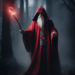 An evil wizard wearing a red tunic that covers his face, holding a staff