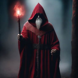 An evil wizard wearing a red tunic that covers his face, holding a staff