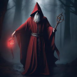 An evil human wizard wearing a red tunic, holding a magic staff