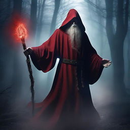 An evil human wizard wearing a red tunic, holding a magic staff