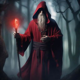 An evil human wizard wearing a red tunic, holding a magic staff