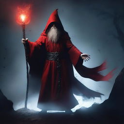 An evil human wizard wearing a red tunic, holding a magic staff