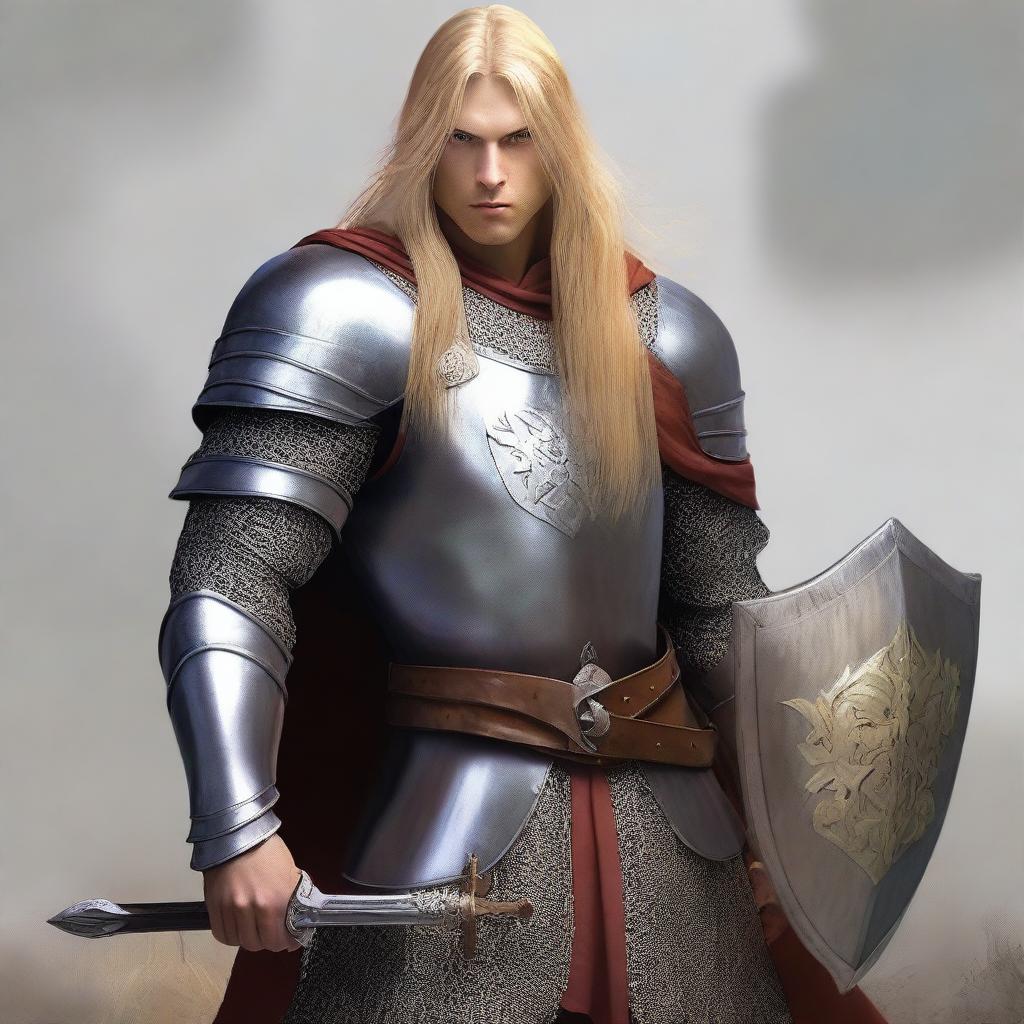 A human paladin with long blonde hair, wearing chain mail