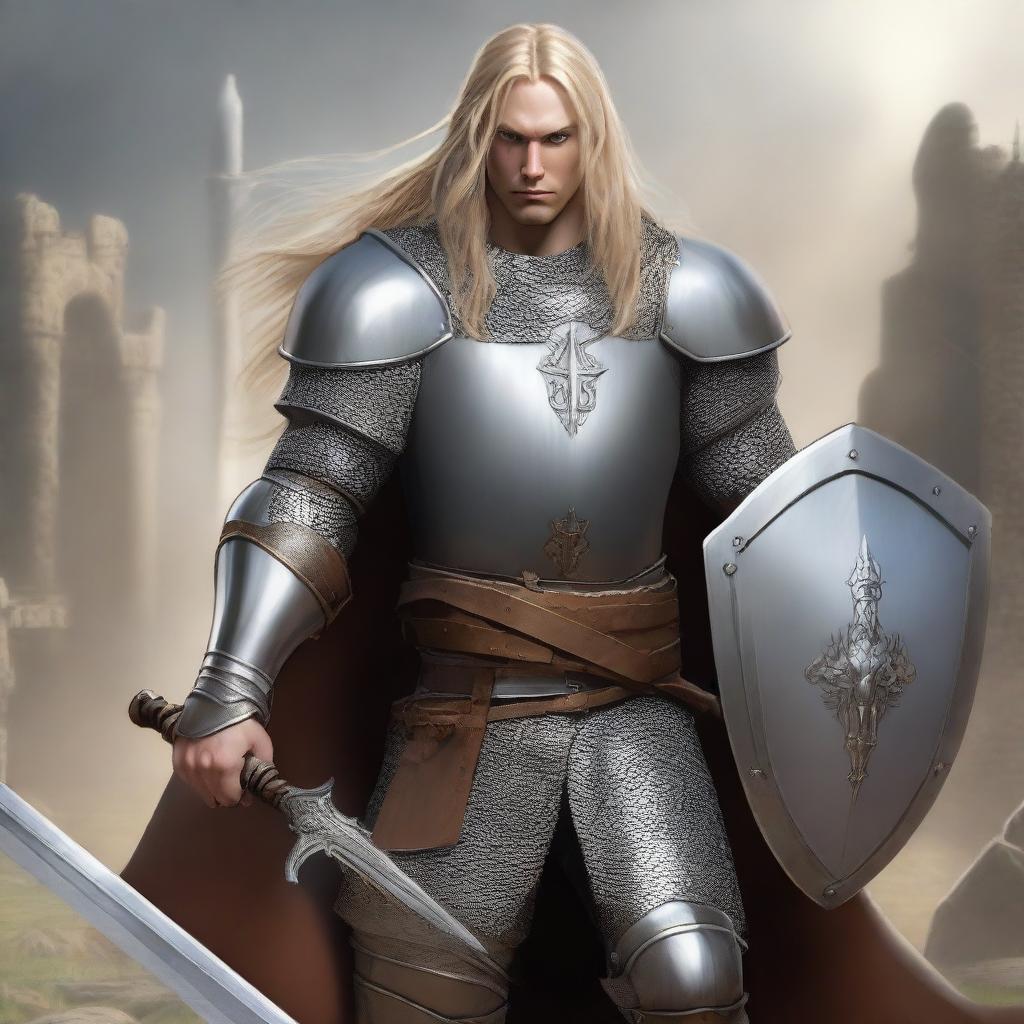 A human paladin with long blonde hair, wearing chain mail