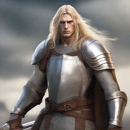 A human paladin with long blonde hair, wearing chain mail