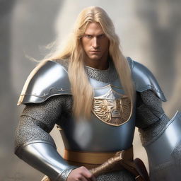 A human paladin with long blonde hair, wearing chain mail