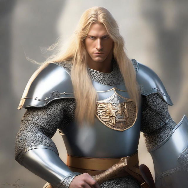 A human paladin with long blonde hair, wearing chain mail