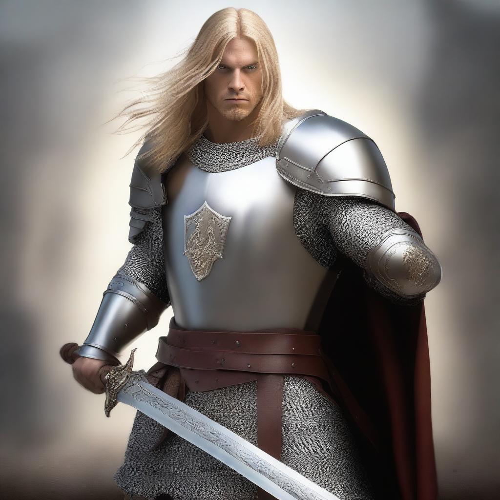 A standing human paladin with long blonde hair, wearing chain mail