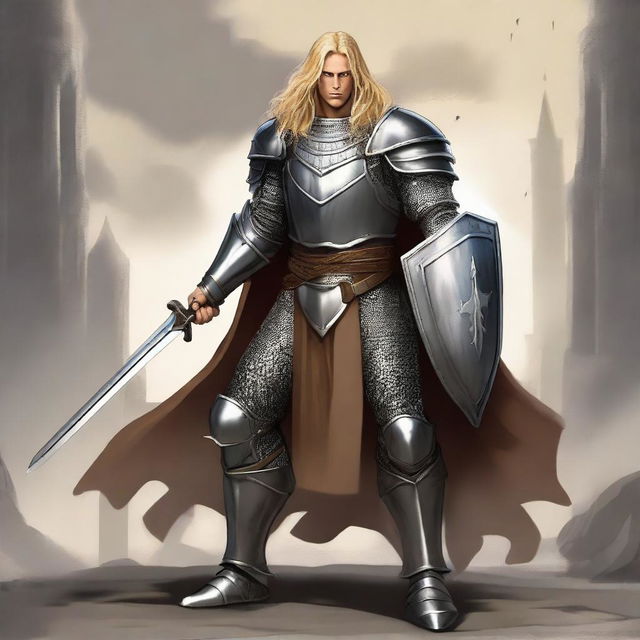 A standing human paladin with long blonde hair, wearing chain mail