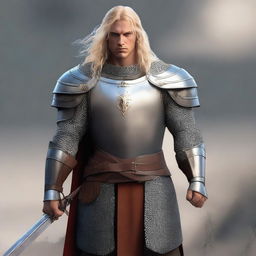 A standing human paladin with long blonde hair, wearing chain mail